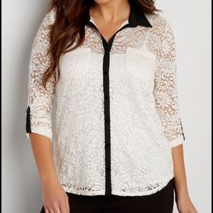 Maurices White Lace Button-Down Shirt with Black Trim